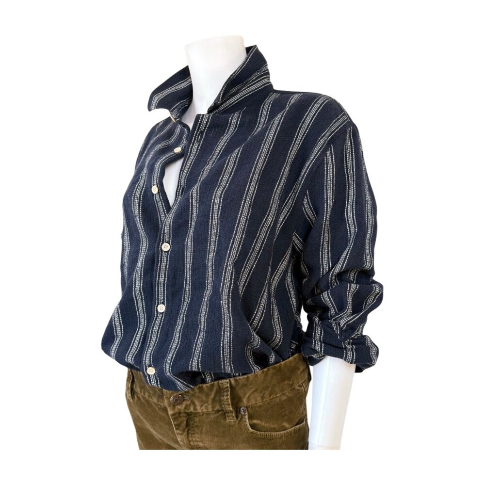 Zara Navy Blue Striped Cotton Button-Up Blouse | Oversized Fit | USA XL - Picture 4 of 10